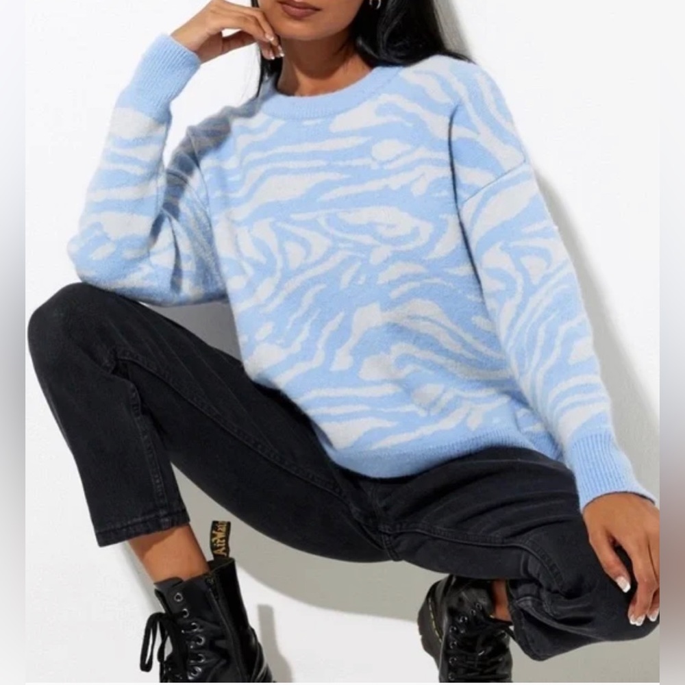 Motel Rocks Blue & White Zebra Print Crewneck Knit Sweater